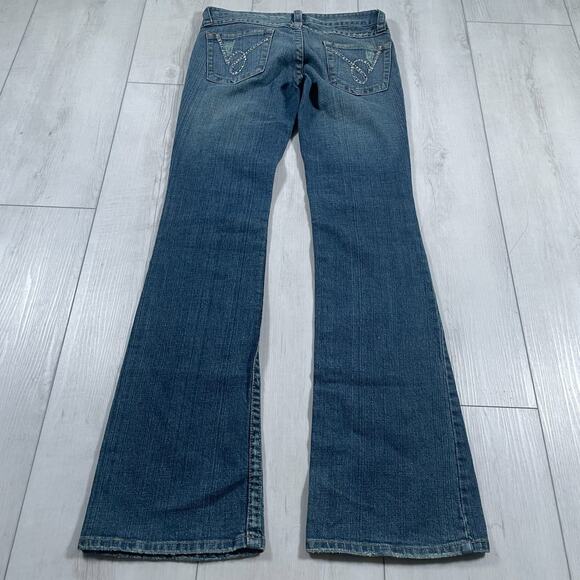 Vintage Bebe Y2k Low Rise Size 27 Flare Jeans Medium Wash Rhinestone Distressed - Picture 4 of 14